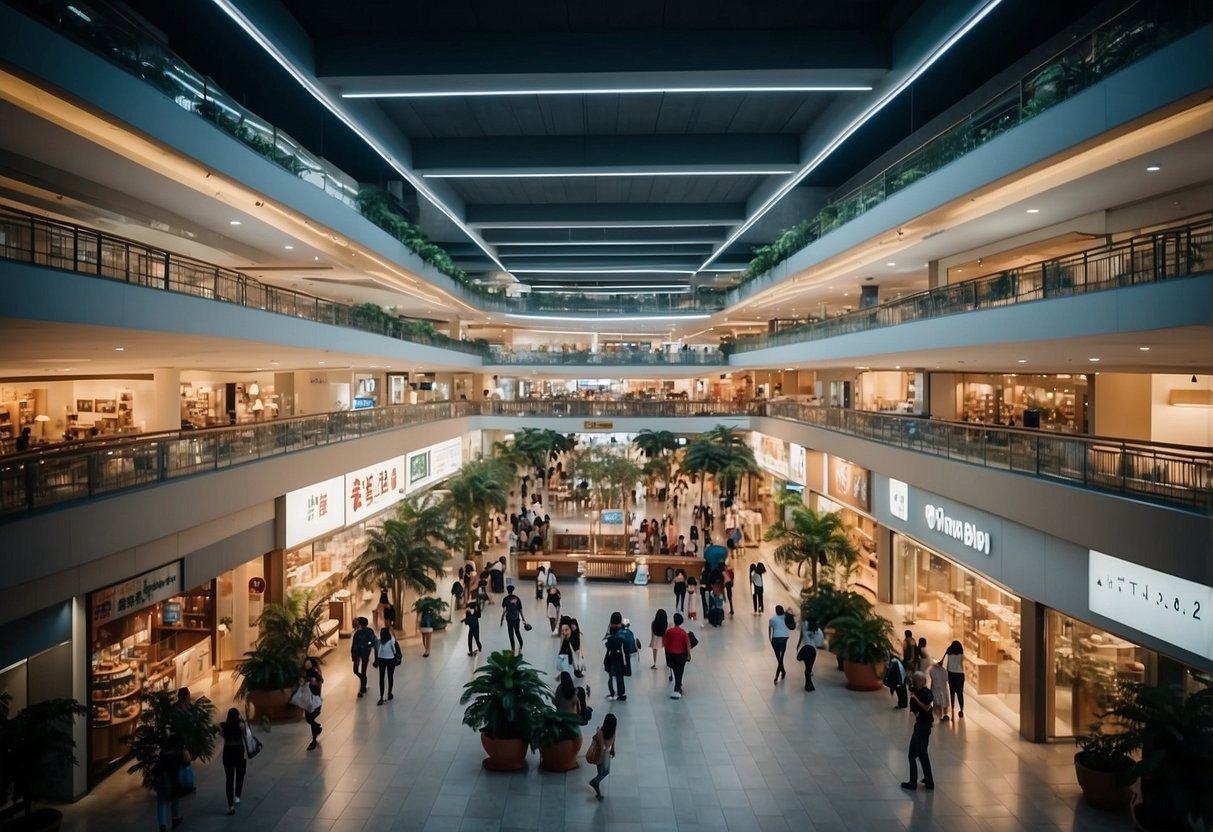 The bustling 10 Toh Guan Road Furniture Mall with various storefronts and shoppers