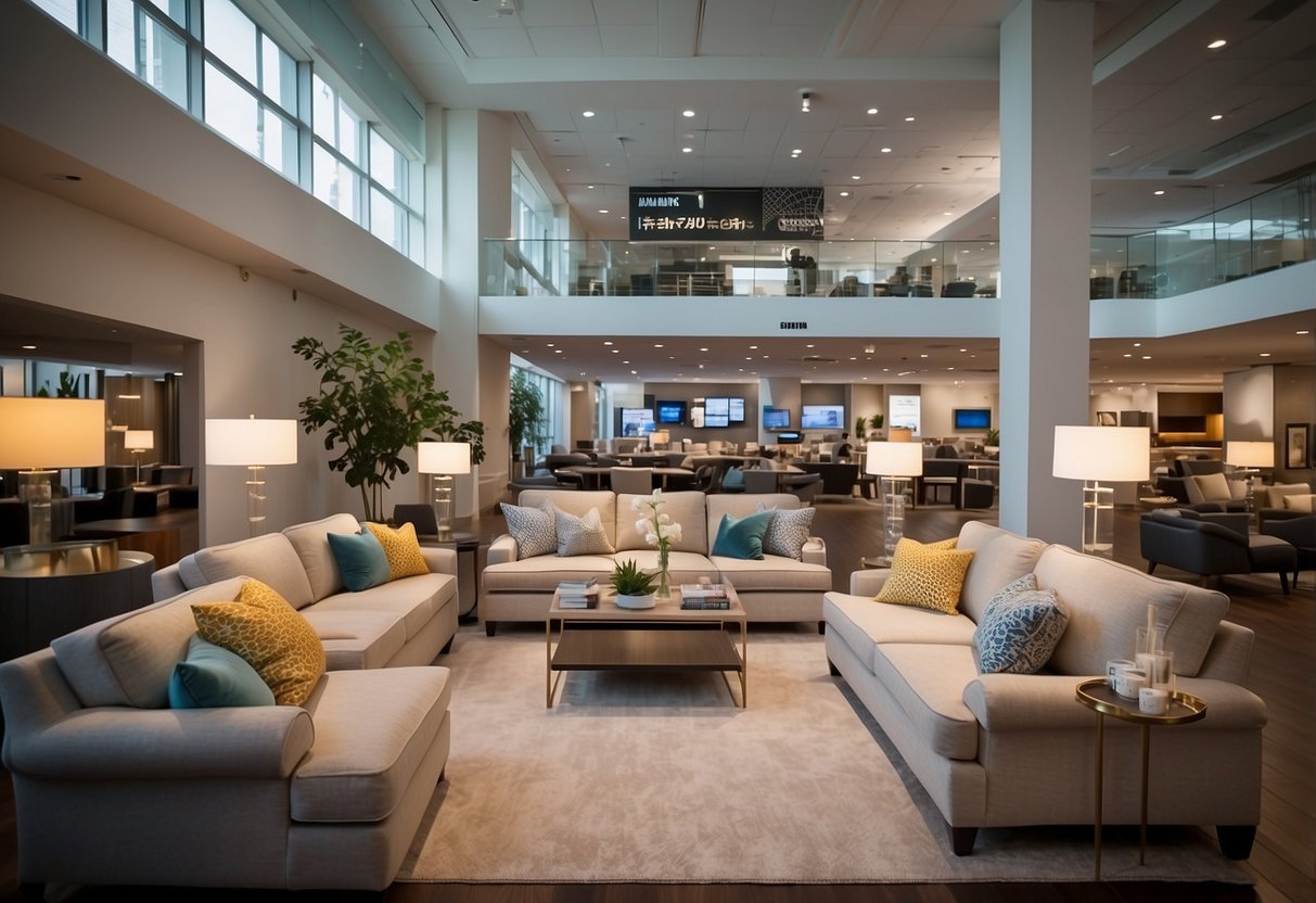 A bright, modern furniture showroom with "Exclusive Deals and Financing Options" signs displayed prominently. Comfortable sofas, elegant dining sets, and stylish decor fill the space