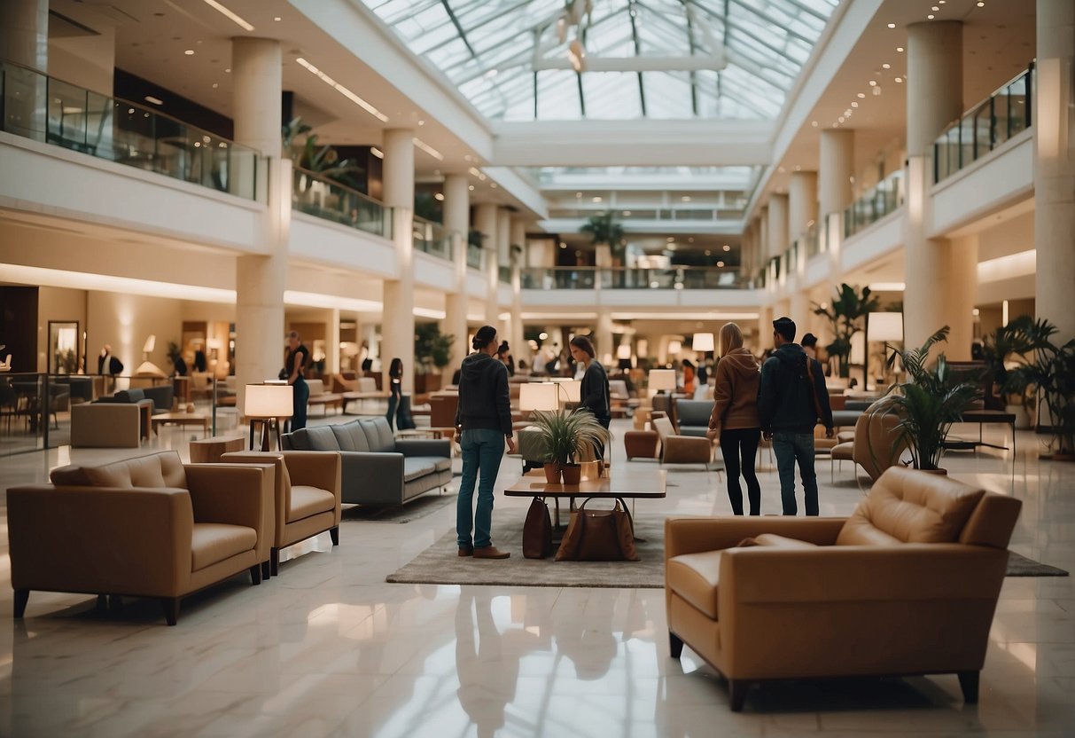 Customers browsing through furniture displays in a spacious, well-lit mall with high ceilings and a variety of modern and classic furniture pieces