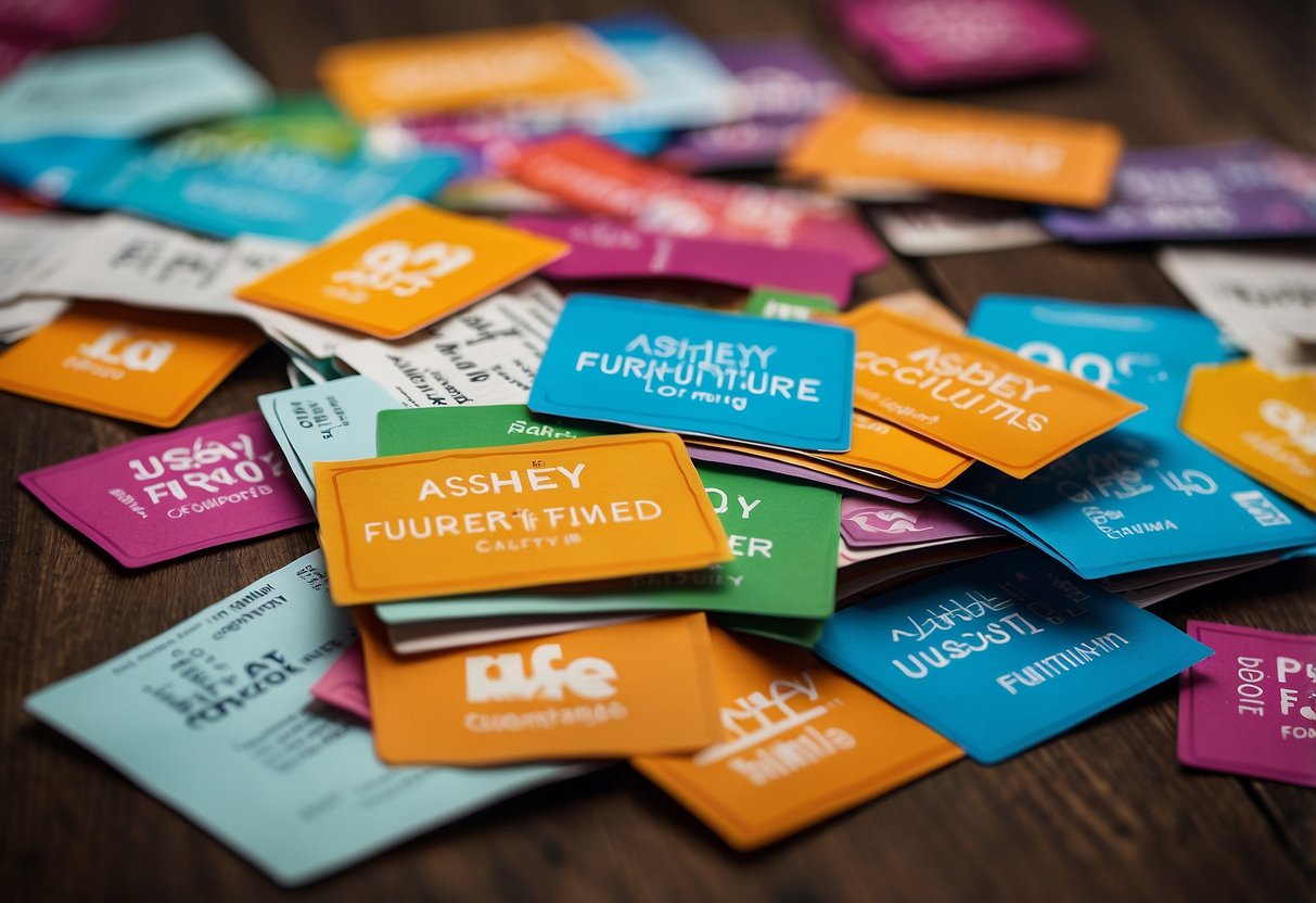 A stack of colorful coupons with "Ashley Furniture" logo, surrounded by question marks and a bold "Frequently Asked Questions" header