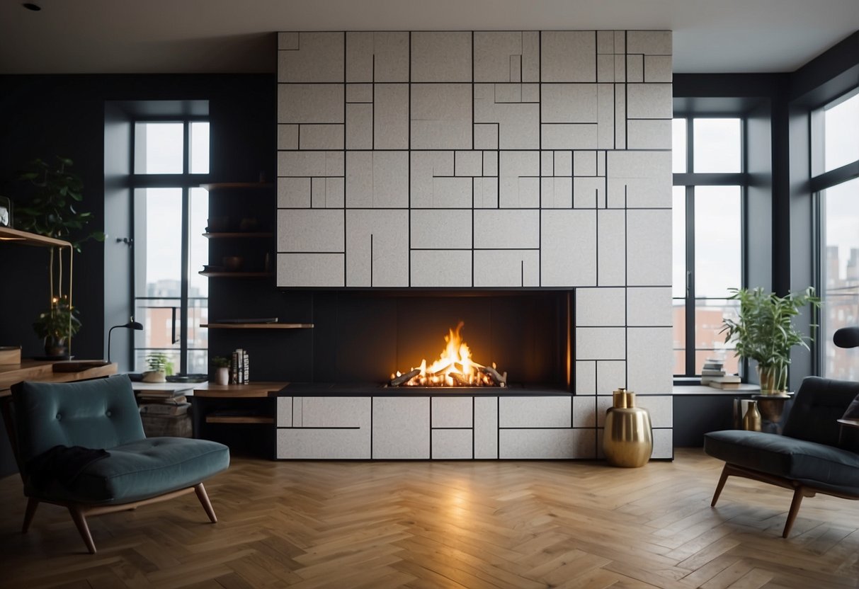 A geometric tile surrounds a corner fireplace, creating a modern and sleek focal point in the room