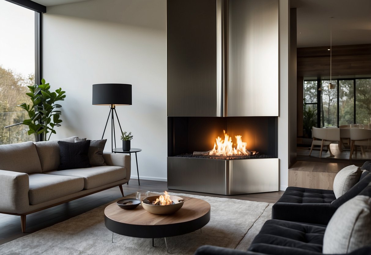 A sleek stainless steel corner fireplace glows warmly in a modern living room, surrounded by minimalist decor and clean lines