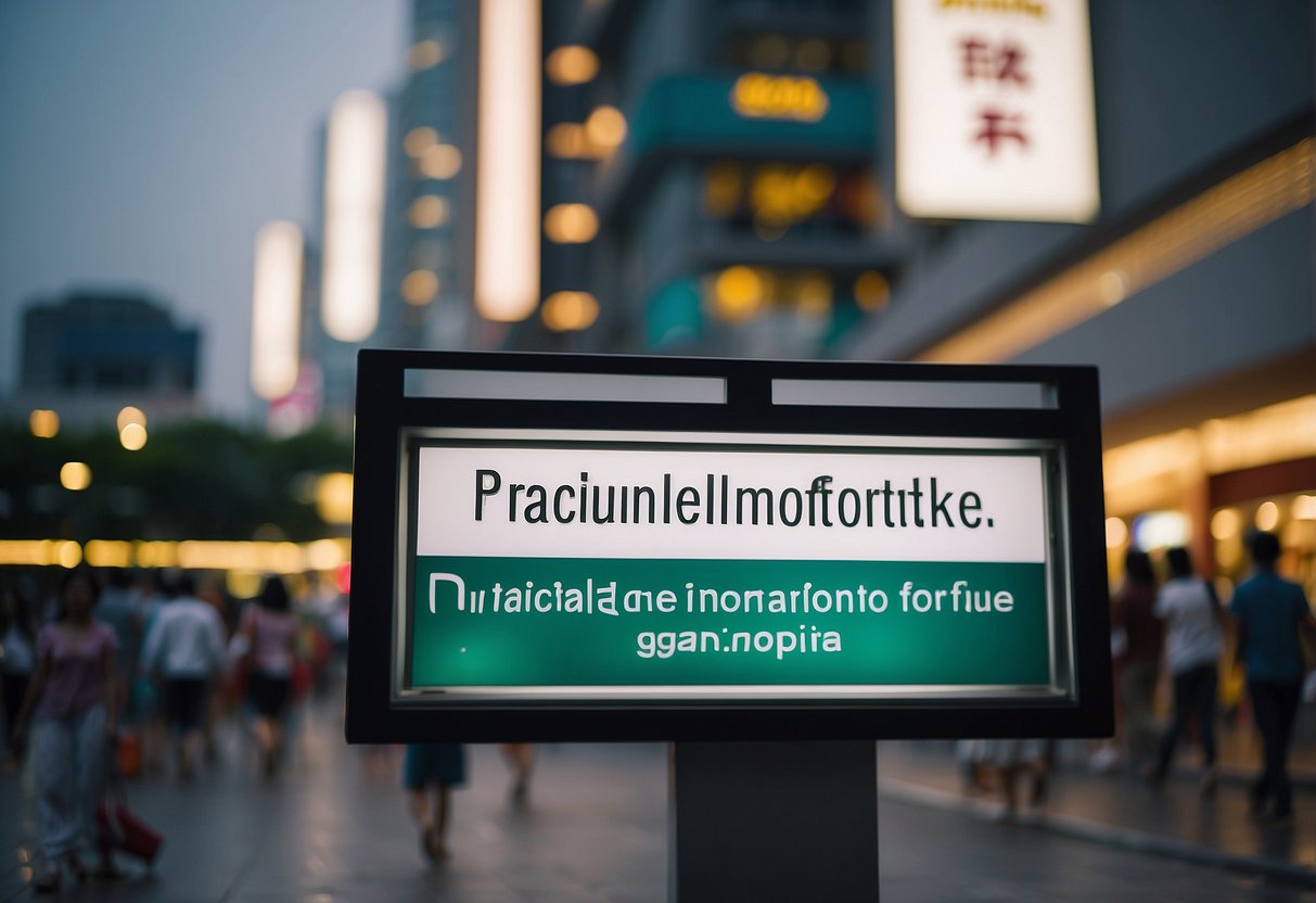 The sign "Practical Information 10 Toh Guan Road Furniture Mall" stands tall against a backdrop of bustling activity