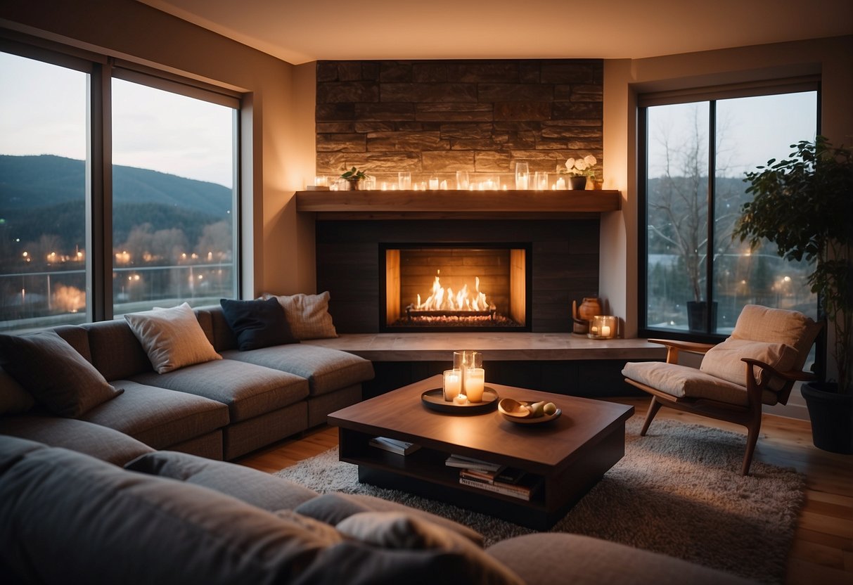A cozy living room with a compact gas corner fireplace, surrounded by comfortable seating and warm lighting