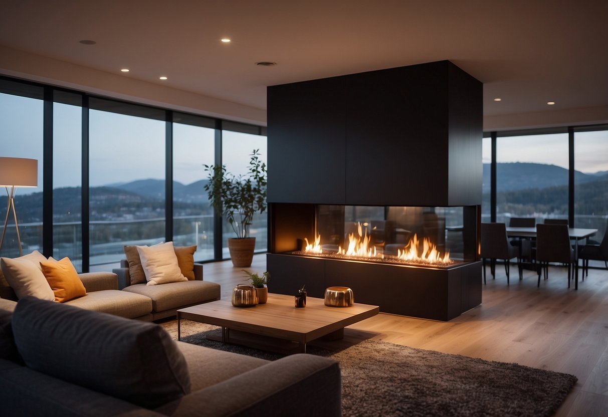 A modern freestanding fireplace with built-in storage sits in the corner of a cozy living room, surrounded by comfortable seating and warm lighting