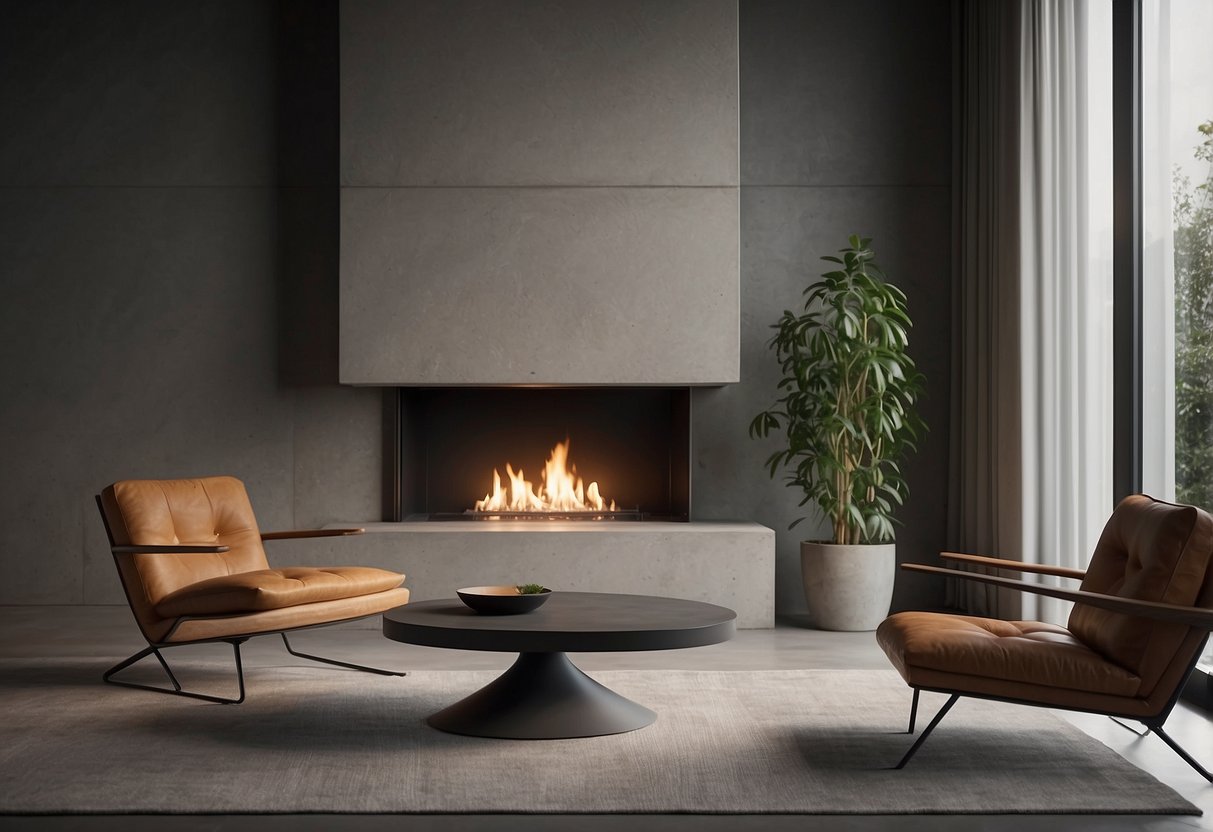 A sleek concrete fireplace sits in a minimalist living room corner. Clean lines and simple design create a modern and cozy atmosphere