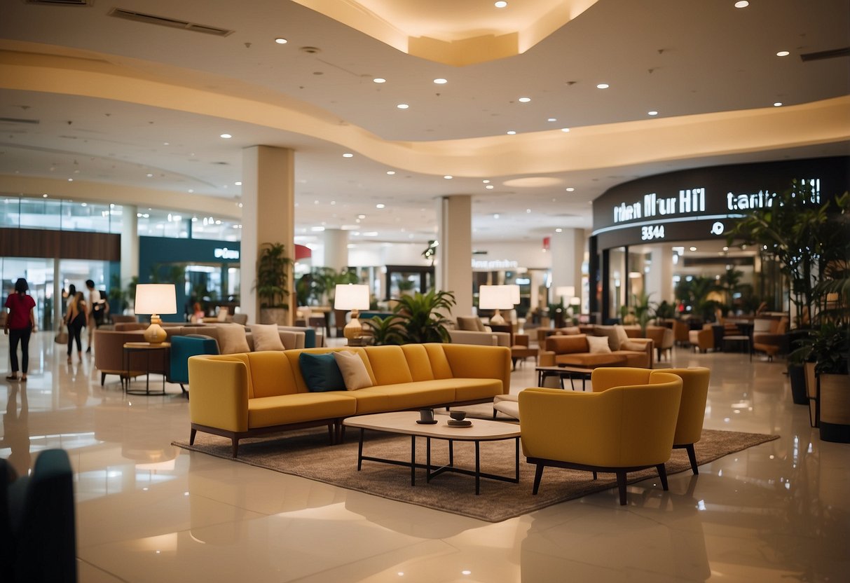 A bustling furniture mall at 10 Toh Guan Road, with customers browsing and staff assisting. Brightly lit displays and a variety of furniture pieces fill the space