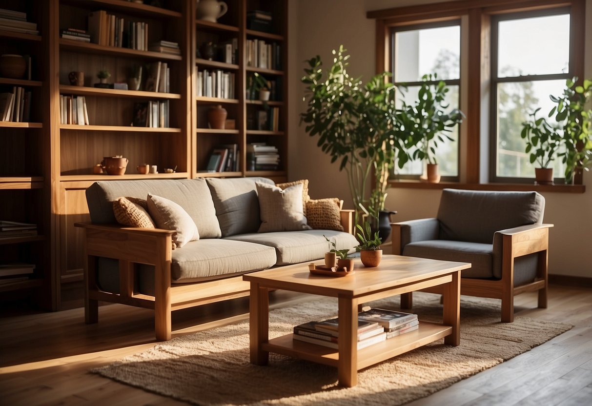A cozy living room with eucalyptus wood furniture, a coffee table, and a bookshelf. Sunlight streams through the window, casting a warm glow on the natural wood surfaces