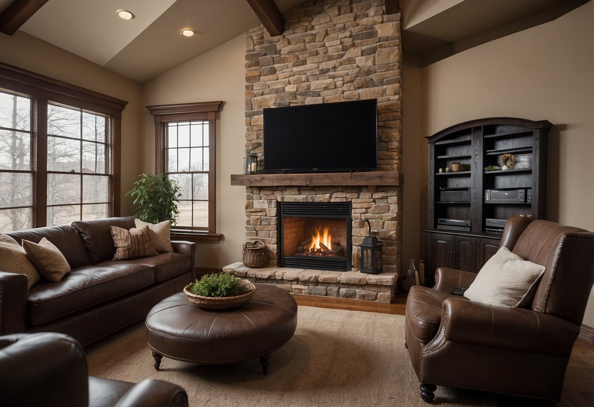 A cozy living room with a corner fireplace and an entertainment center. The fireplace is surrounded by stone or brick, and the entertainment center features a TV, shelves, and possibly a sound system