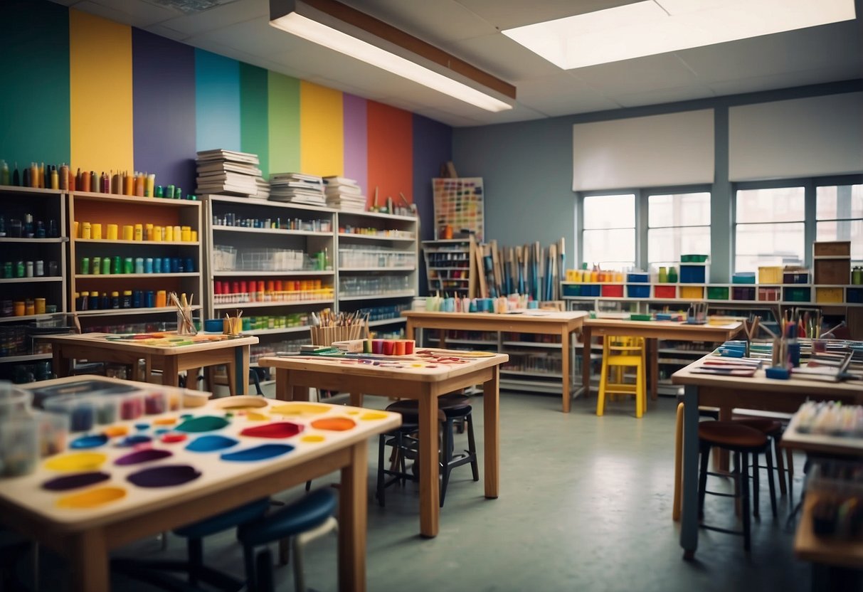 The art classroom is filled with essential furniture - drawing tables, easels, stools, and storage shelves. Brightly colored paints and brushes are neatly organized on the shelves