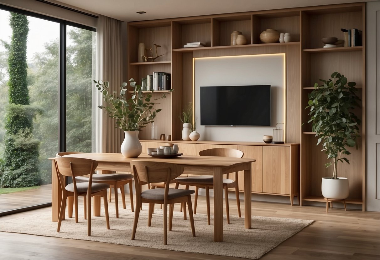 Eucalyptus wood furniture in a modern living room, featuring a sleek dining table, chairs, and a bookshelf with a natural, light brown finish