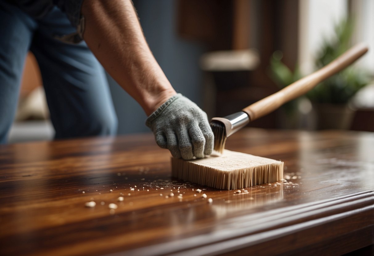 Eucalyptus furniture being wiped with a damp cloth, then dried thoroughly. A coat of wood oil being applied with a brush to protect the surface