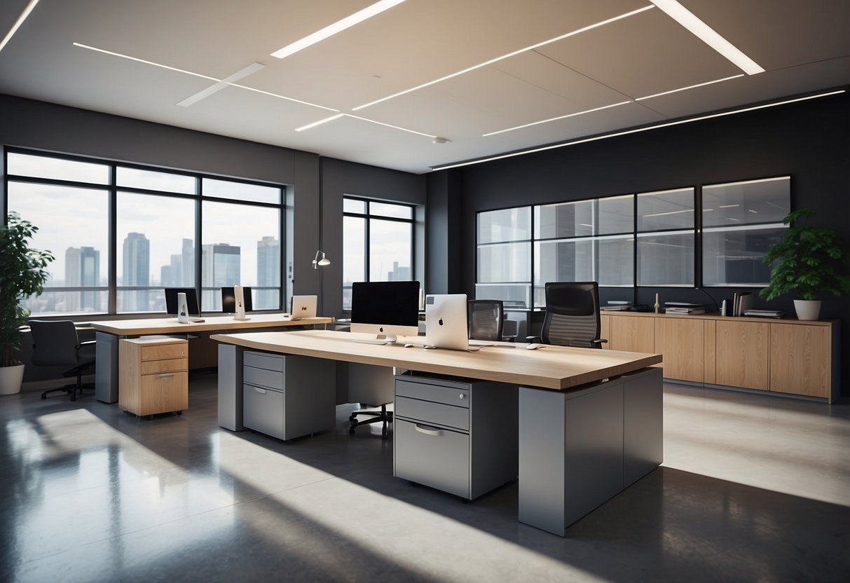A modern office with sleek 3D furniture, including desks, chairs, and storage units, arranged in a clean and organized layout