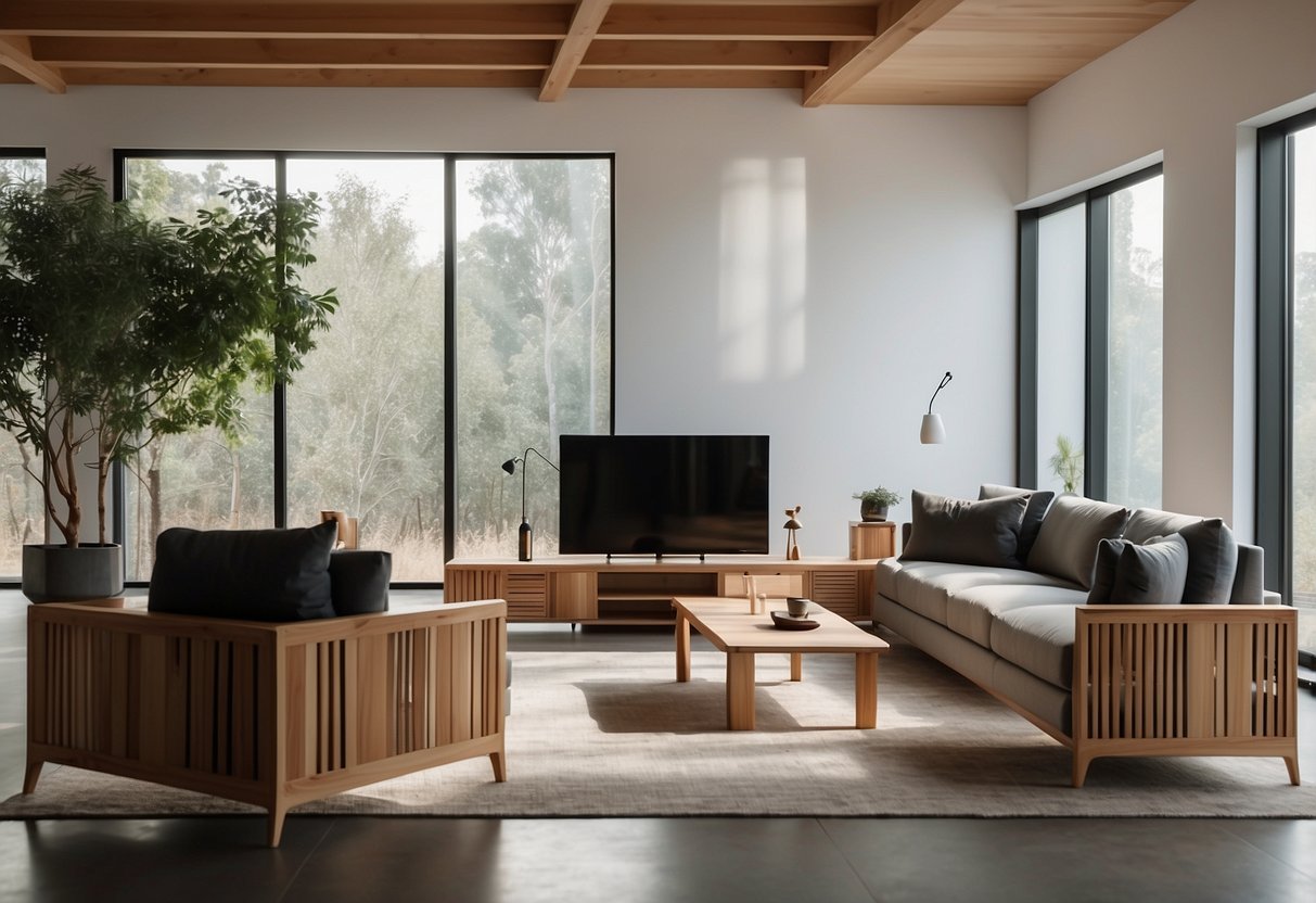 Eucalyptus wood furniture arranged in a modern, minimalist setting with clean lines and natural lighting