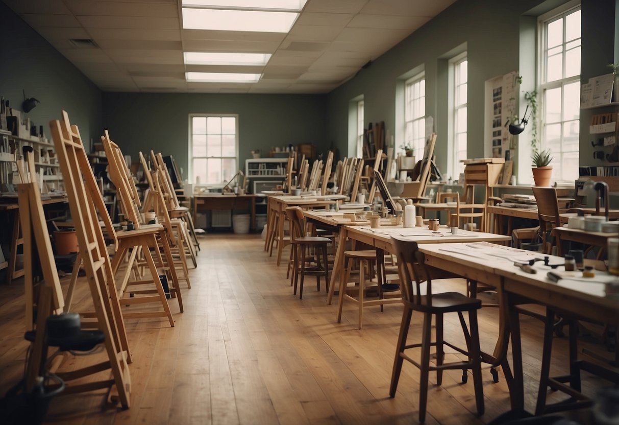 An art class with various furniture including easels, drawing boards, stools, and storage cabinets. The room is filled with creativity and potential