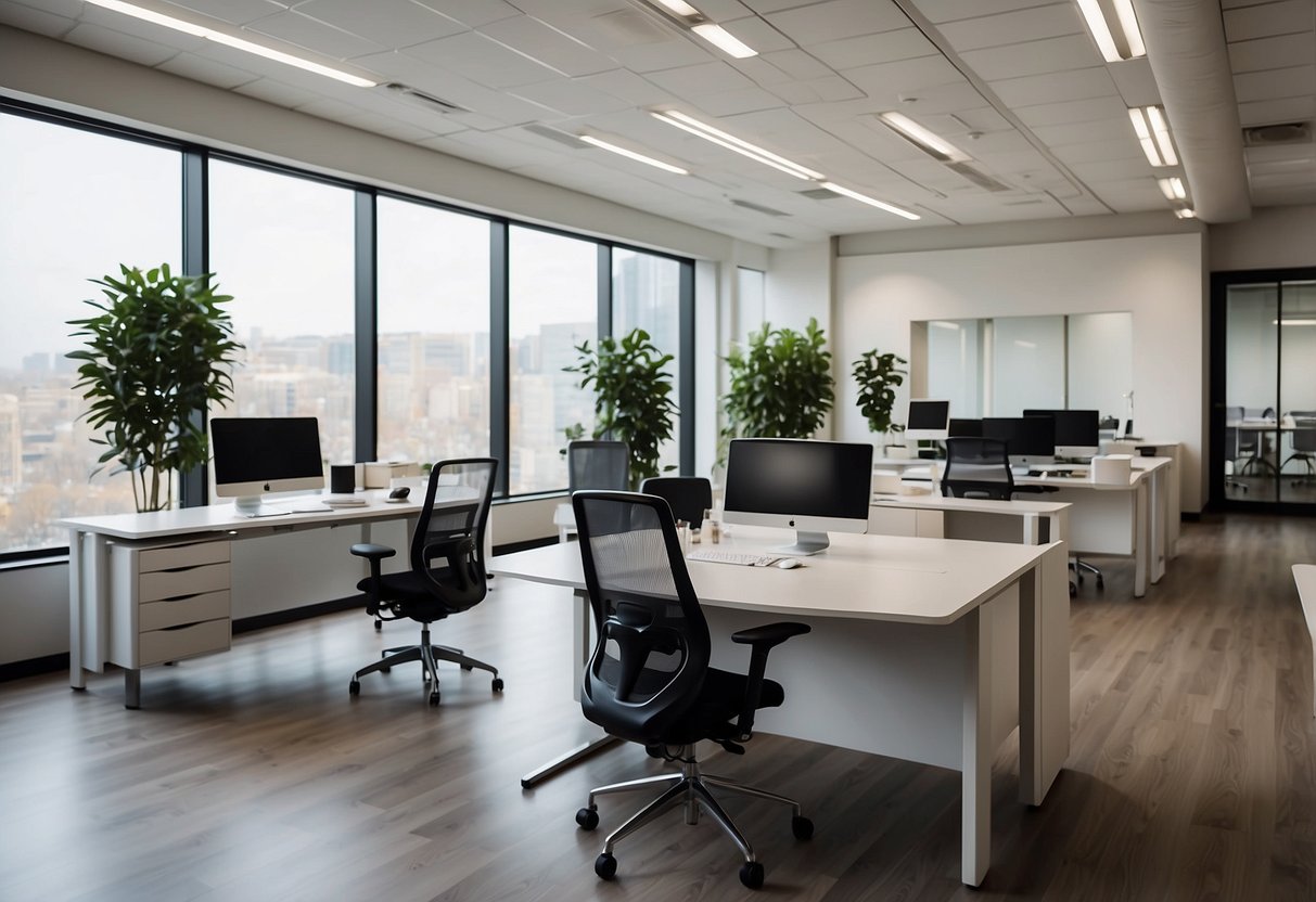 A modern office with sleek, angular desks and ergonomic chairs. The room is filled with natural light, and the furniture is arranged in a spacious, open layout