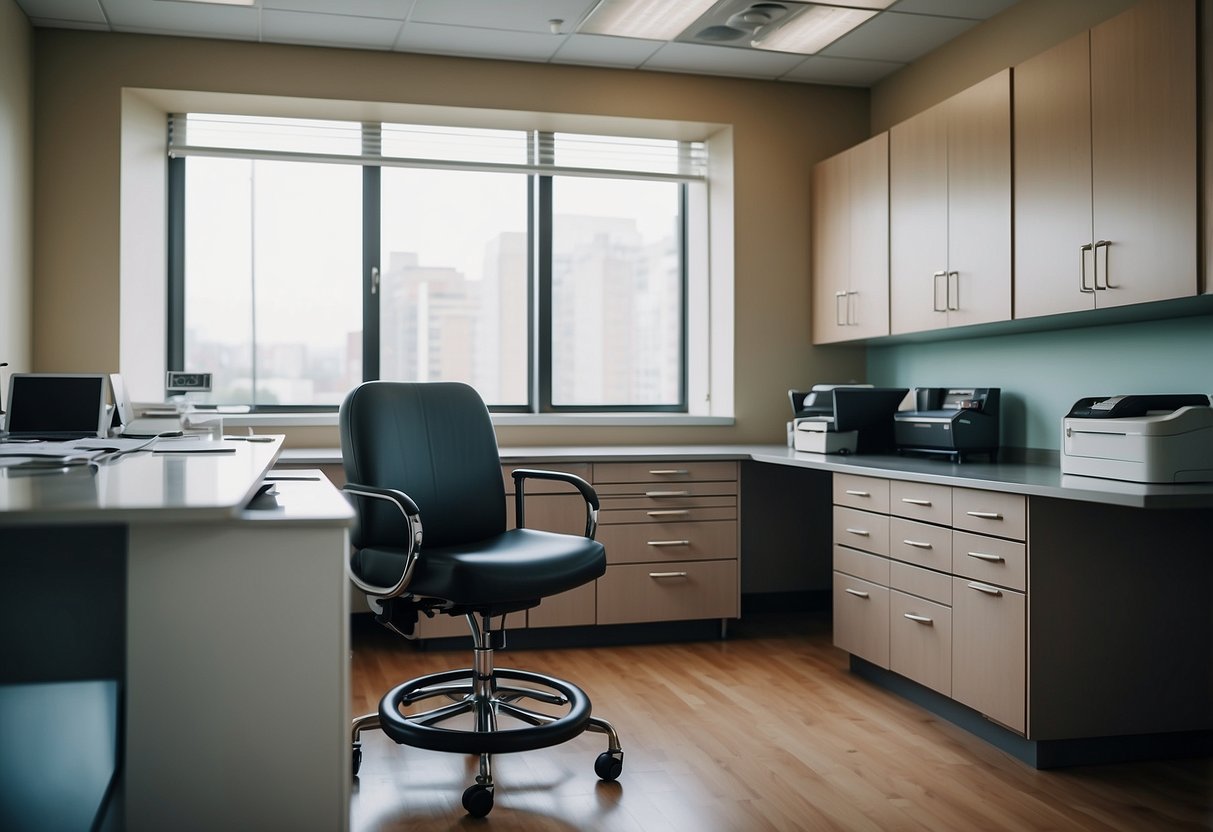 A medical office with a desk, chair, examination table, and cabinets