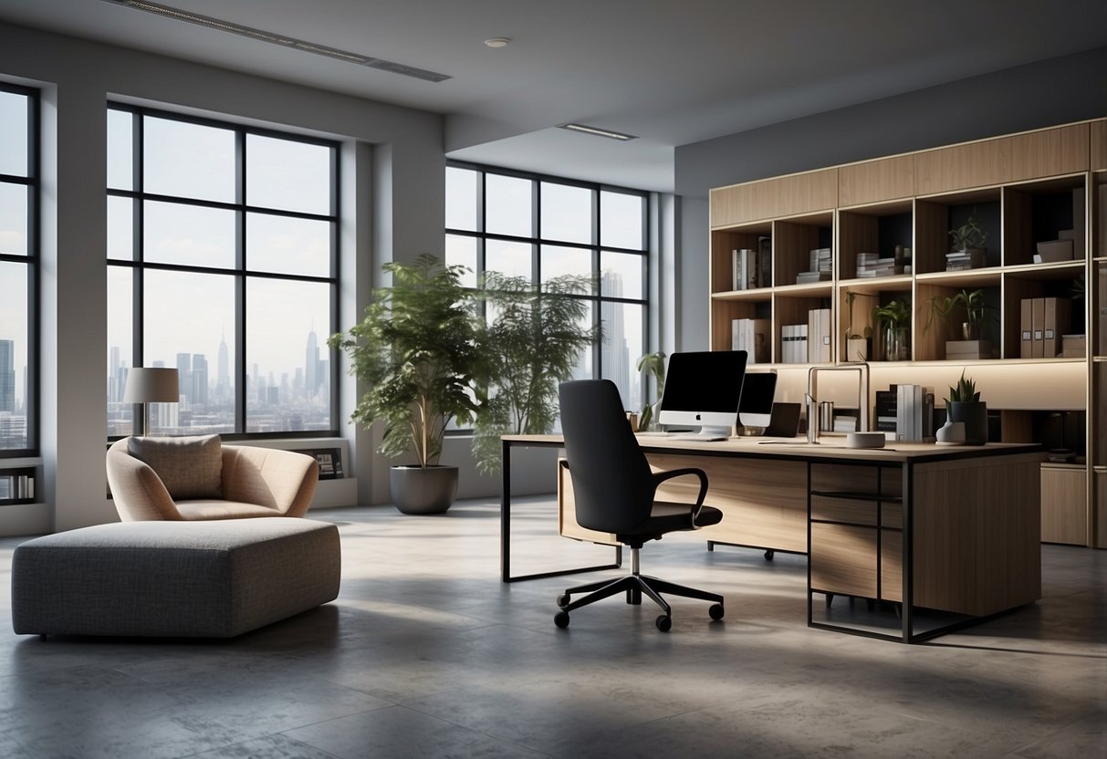 A modern office space with 3D design tools and sleek office furniture arranged in a functional and stylish manner