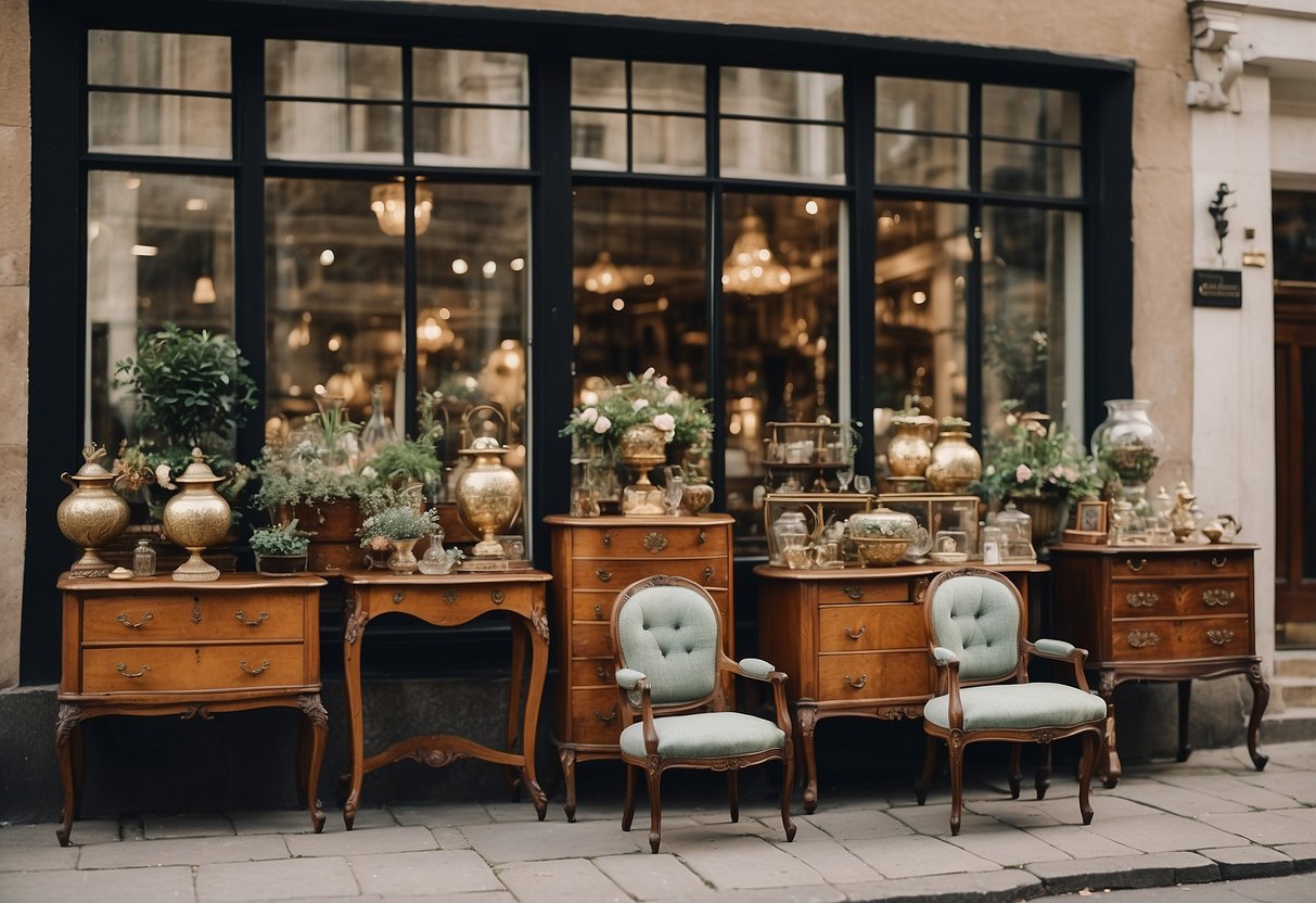 Antique furniture shops line the cobblestone street, their windows filled with ornate dressers, delicate chairs, and vintage trinkets