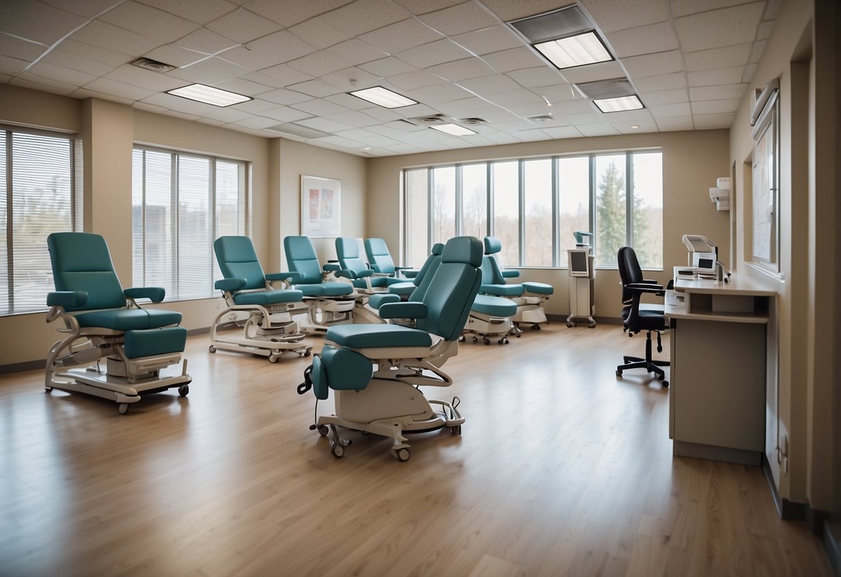 A spacious medical office with ergonomic chairs, adjustable exam tables, and non-slip flooring for safety. Bright, natural lighting and calming colors promote a comfortable environment