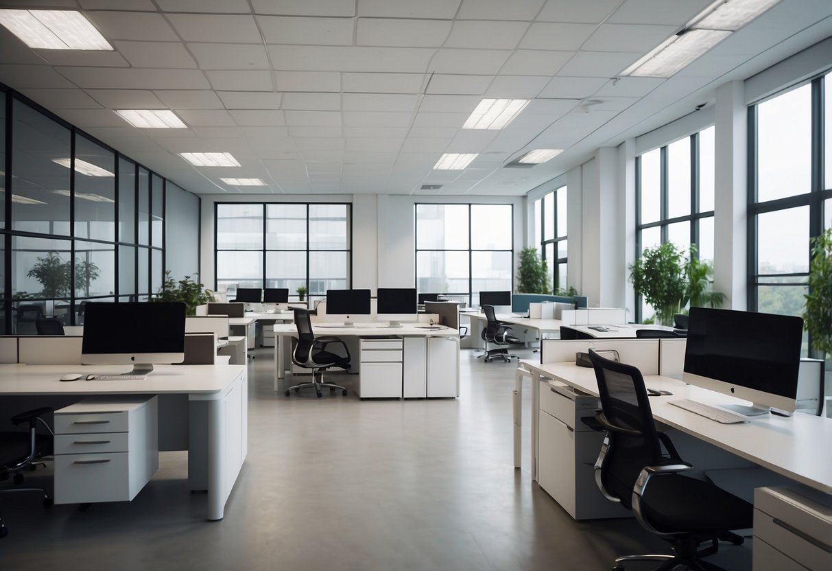 A modern 3D office space with sleek furniture, including desks, chairs, and storage units. Bright lighting and a clean, minimalist design create a professional and inviting atmosphere