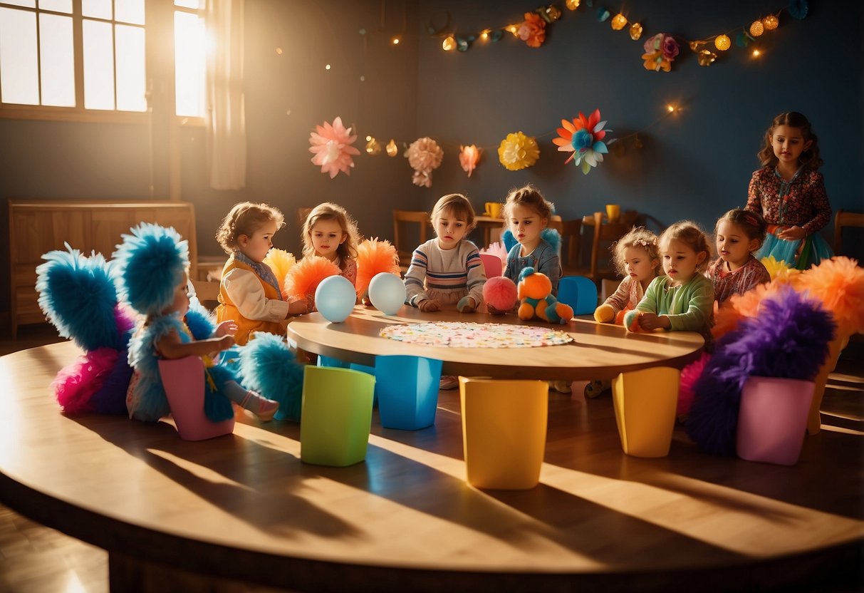A child-sized table and chairs are arranged in a circle, surrounded by colorful dress-up costumes and props. The room is dimly lit, with a spotlight shining on the center of the circle