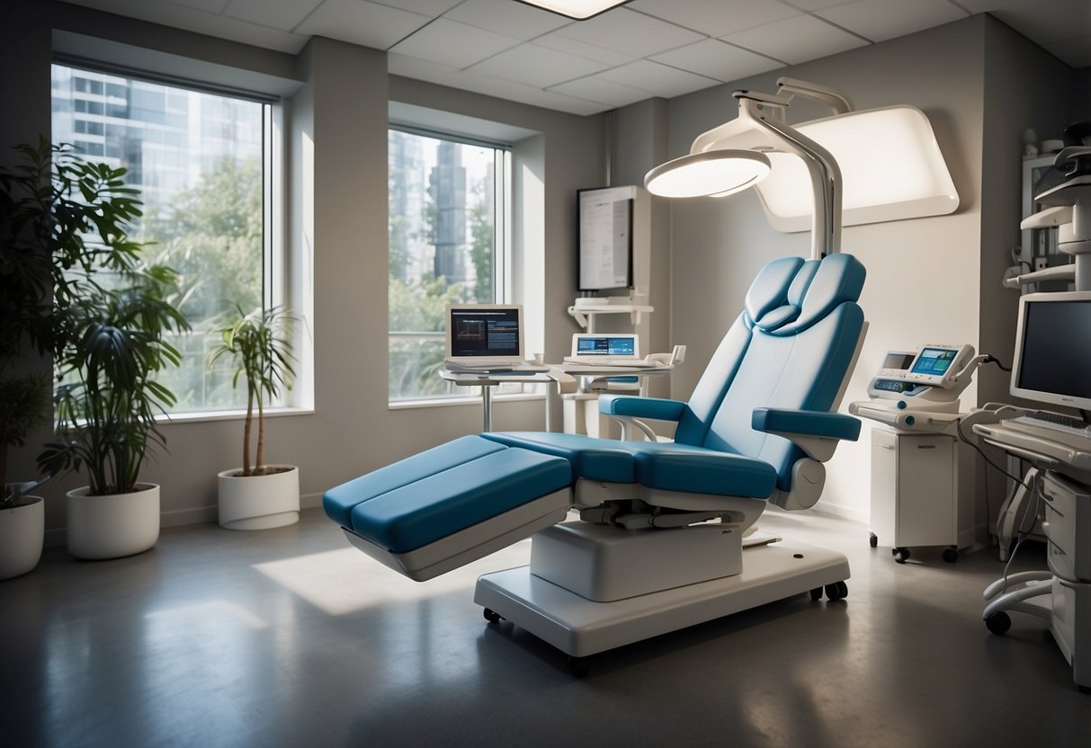 A medical office with modern, ergonomic furniture neatly arranged for efficient workflow and patient comfort