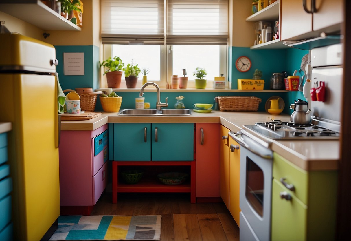 A cozy, child-sized kitchen set with a play stove, sink, and refrigerator. Brightly colored and inviting, with plenty of storage shelves for play food and dishes