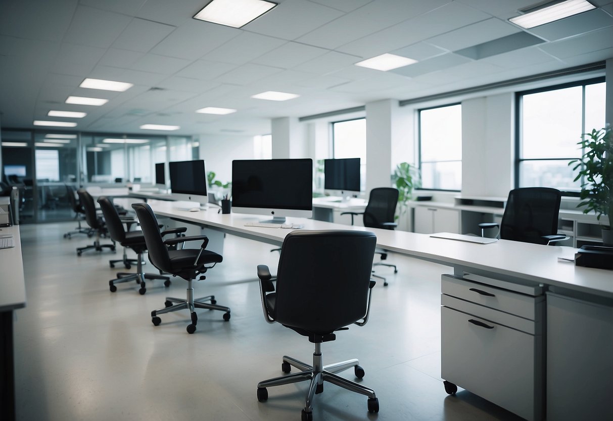 A modern medical office with ergonomic chairs, adjustable desks, and storage cabinets. Bright, clean space with a professional atmosphere