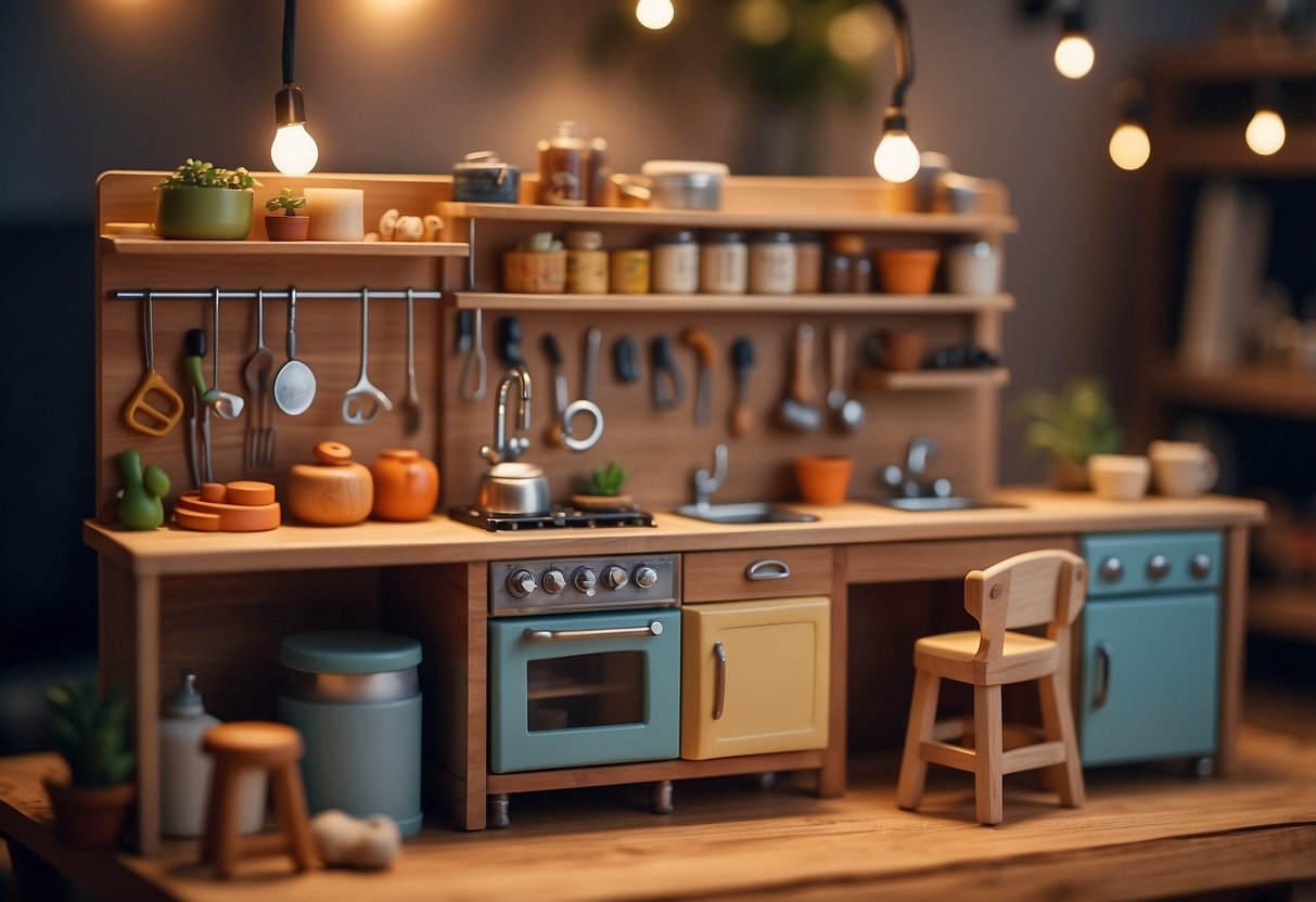 A cozy dramatic play area with a miniature kitchen set, dress-up clothes rack, and a pretend workbench with tools