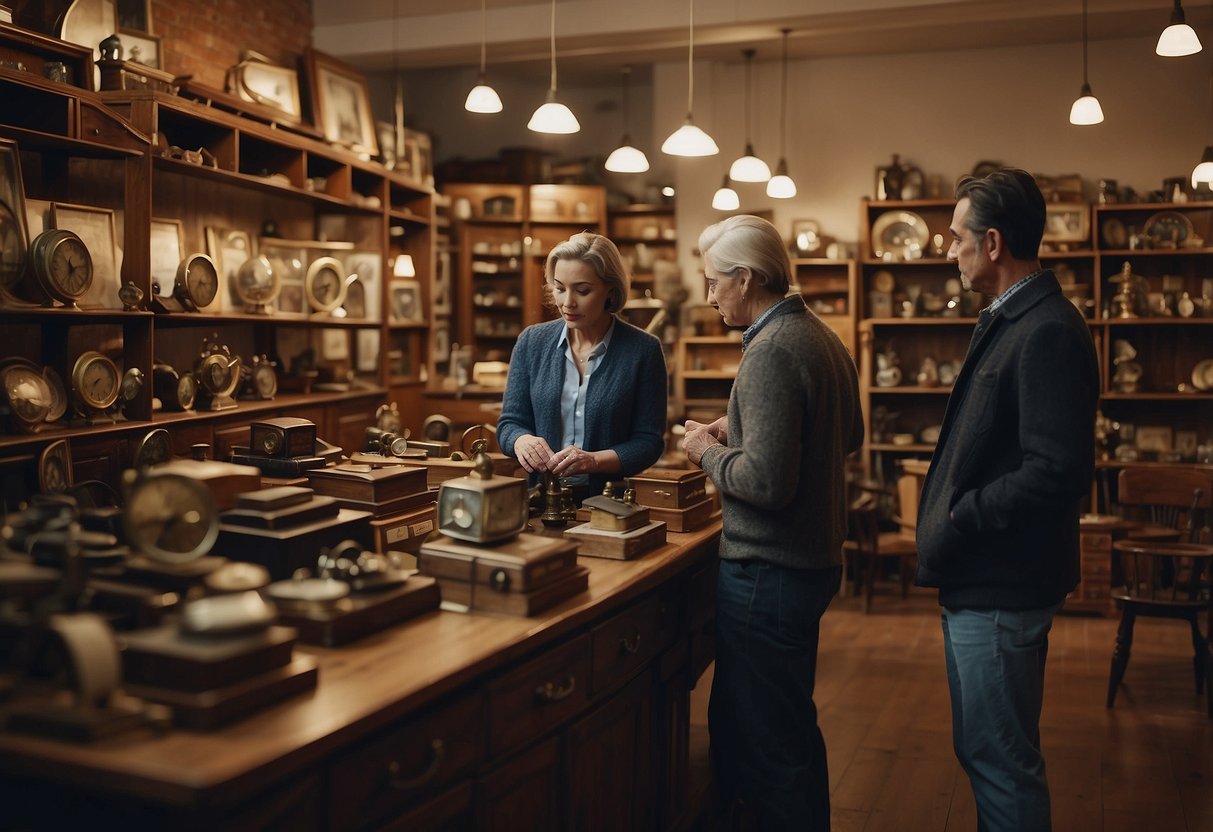 Customers browsing through shelves of vintage furniture, while a shop owner assists a couple with their inquiries