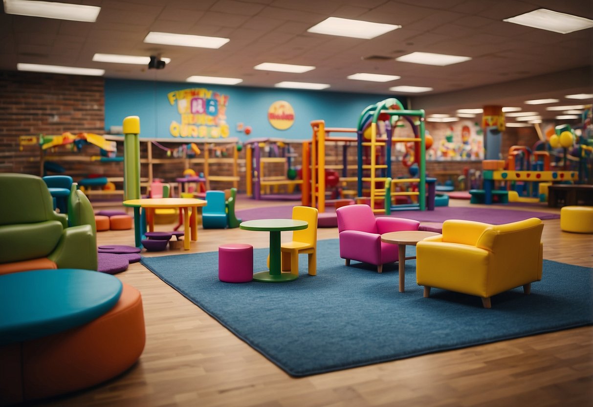 A colorful play area with child-sized furniture and a sign reading "Frequently Asked Questions" in bold letters