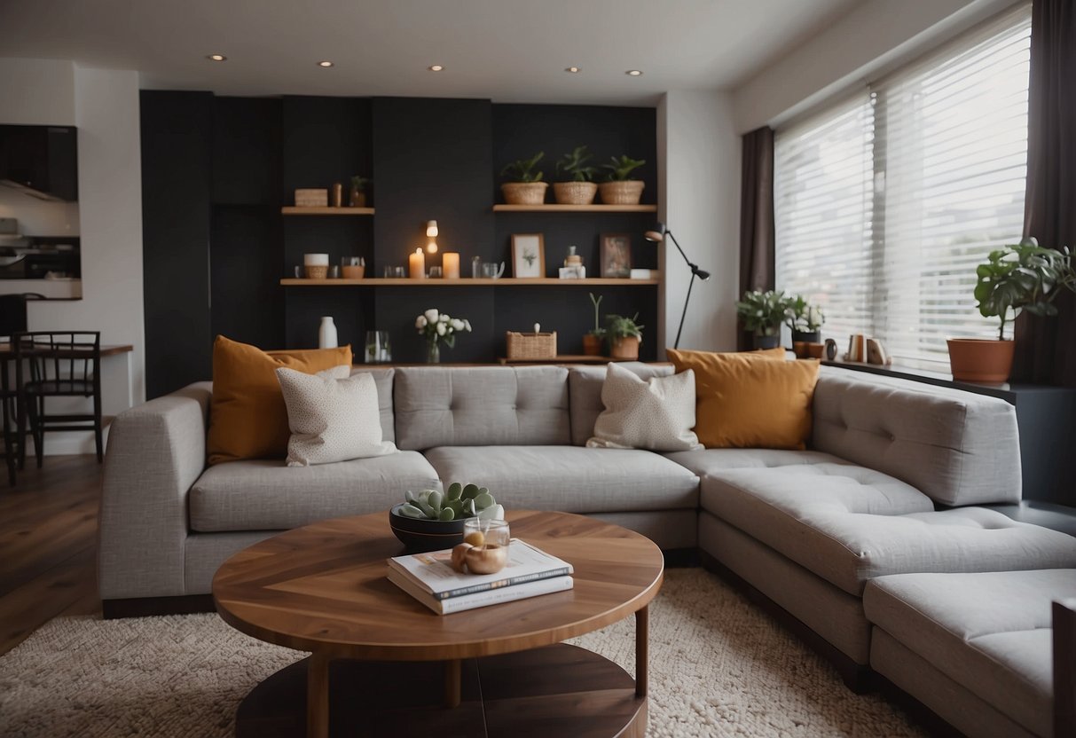 A living room with a sofa, coffee table, and bookshelf. A dining area with a table and chairs. A bedroom with a bed, nightstand, and dresser