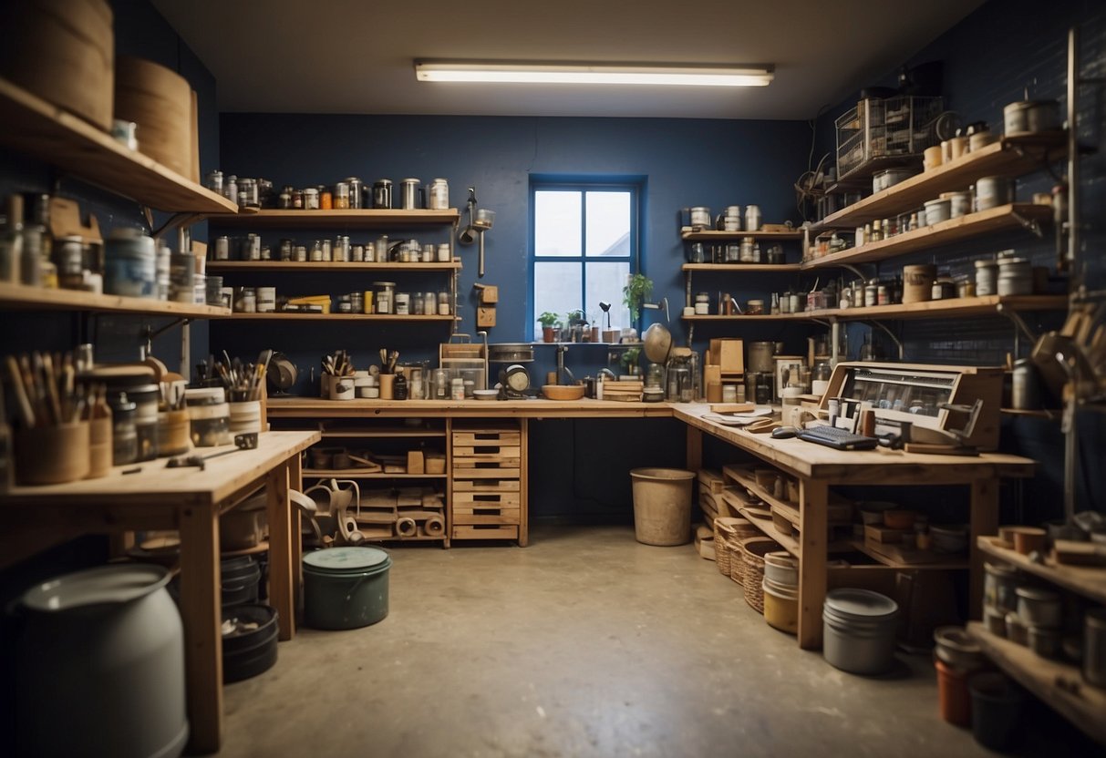 A cluttered workshop with tools and materials scattered around. A workbench with blueprints and a laptop. Paint cans and wood samples on shelves