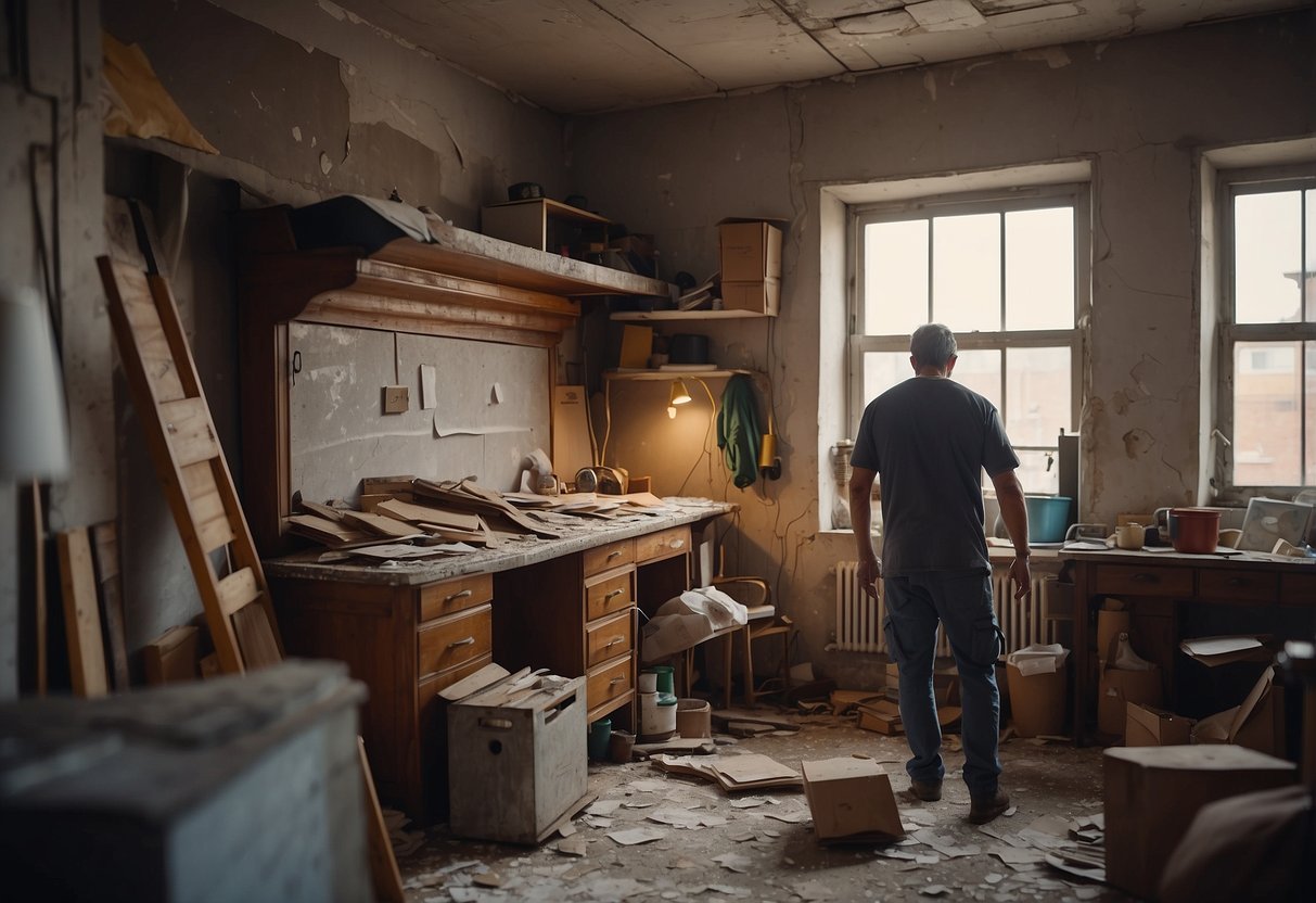 An illustrator could depict a cluttered room with worn-out furniture and peeling walls, while a contractor measures and plans for renovation