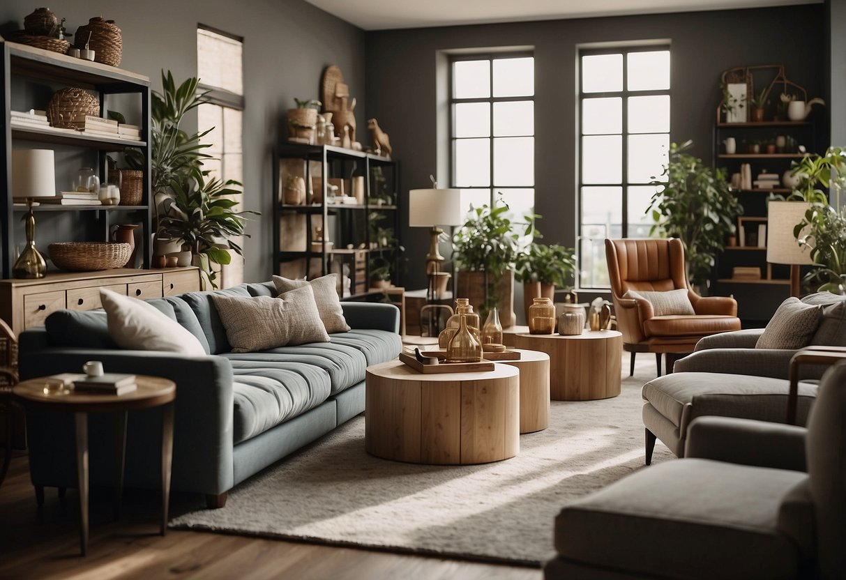 A room filled with various styles of home furniture, including sofas, chairs, tables, and shelves, creating a diverse and inviting space