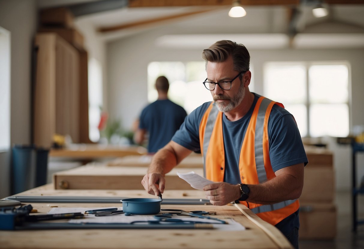 A contractor supervises furniture placement in a renovated space, checking measurements and ensuring proper installation. Paint cans and tools are scattered around the room