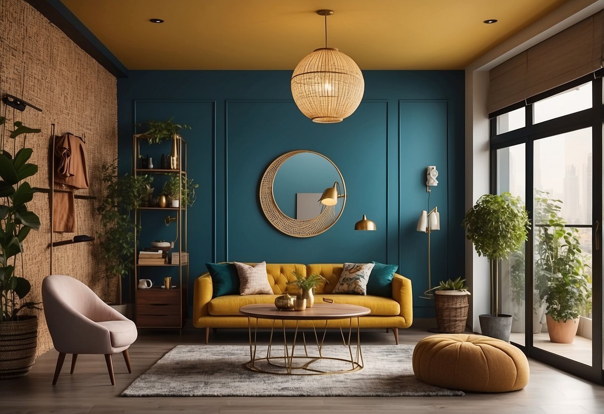 A room with Asian Paints furniture, featuring a cozy seating area, a stylish dining table, and a vibrant accent wall with decorative artwork