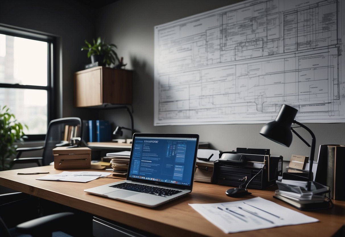An office desk cluttered with blueprints, a toolbox, and a laptop. A contractor's logo prominently displayed on the wall behind the desk