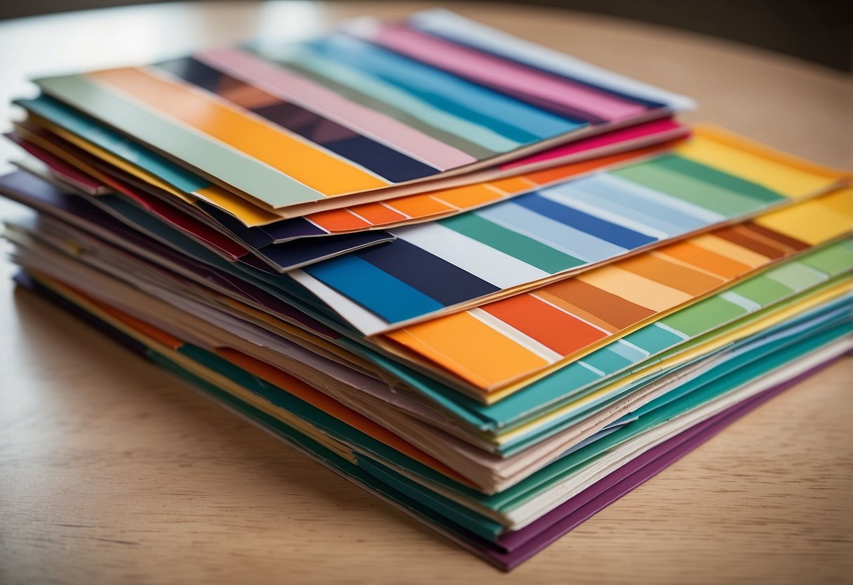 A stack of colorful furniture catalogs with "Frequently Asked Questions" printed on the cover, surrounded by paint swatches and design samples