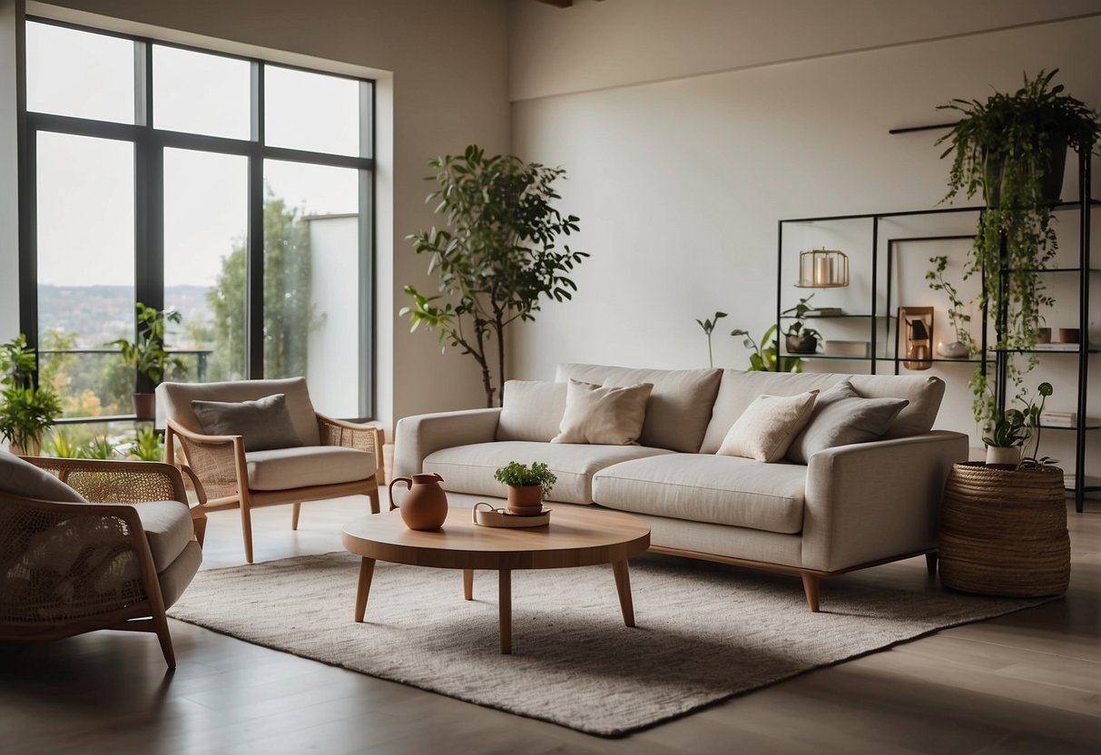 A living room with eco-friendly and durable furniture, made from sustainable materials, showcasing quality and style