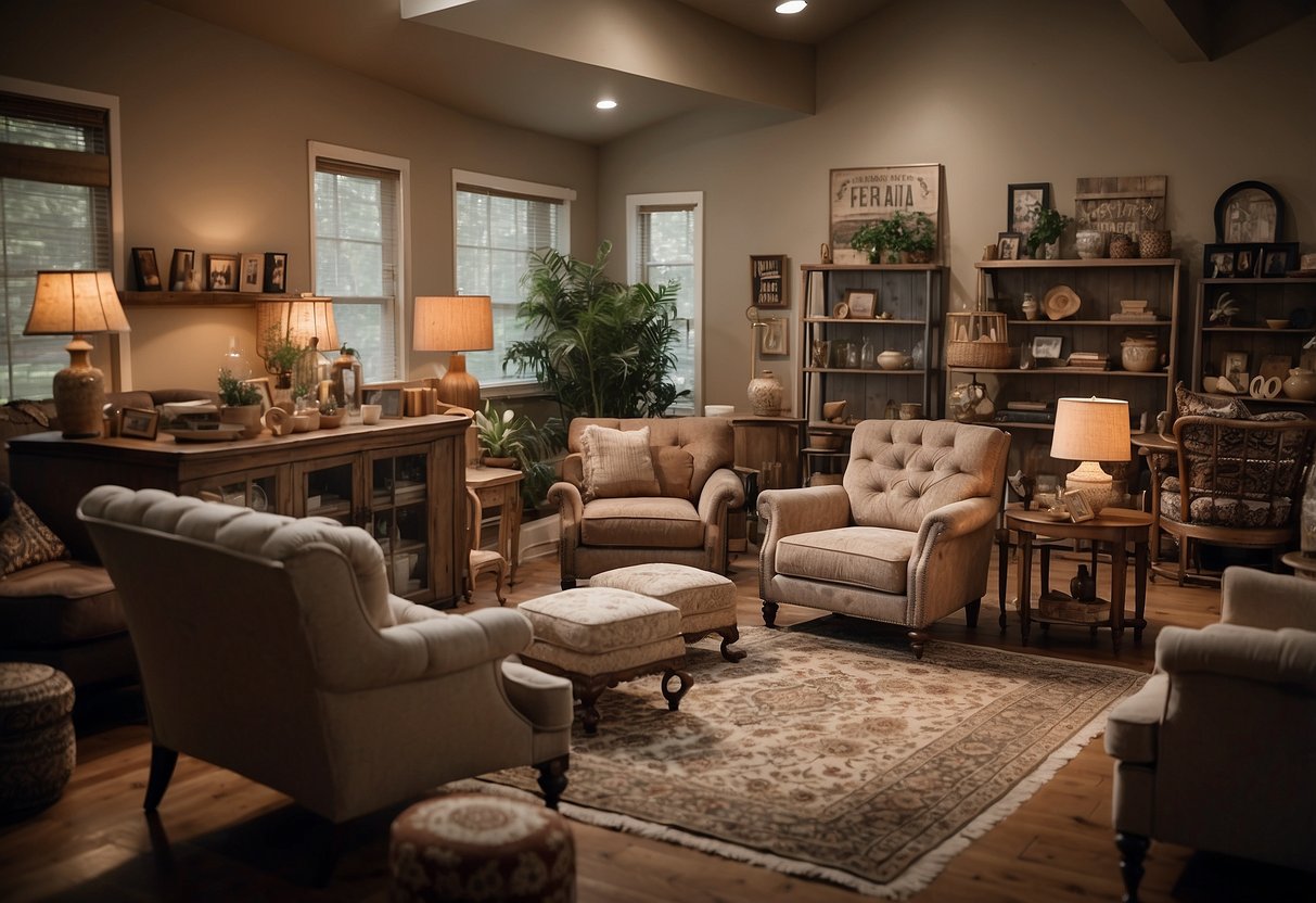 A room filled with various home furniture items, such as chairs, tables, sofas, and shelves, with a sign reading "Frequently Asked Questions" displayed prominently