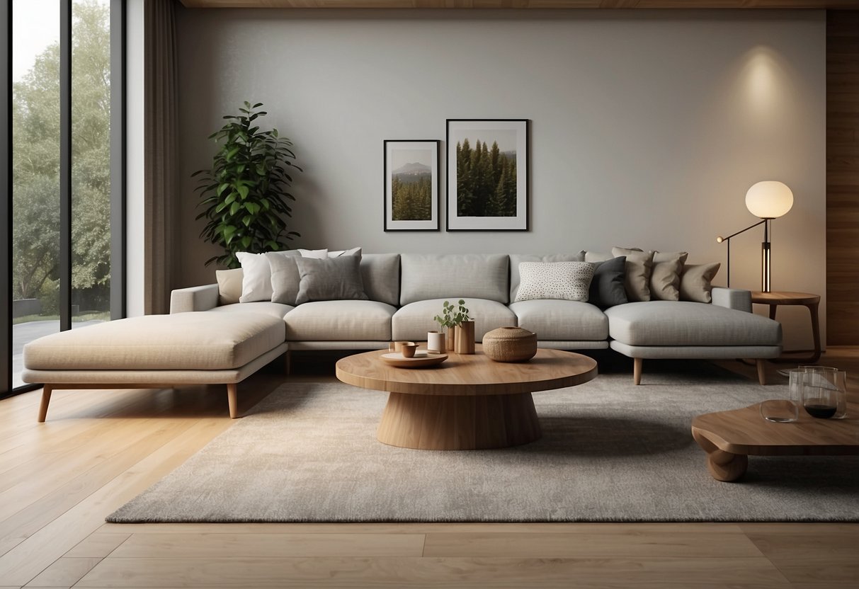 A sleek, minimalist living room with modern timber furniture arranged in clean lines and warm, natural tones