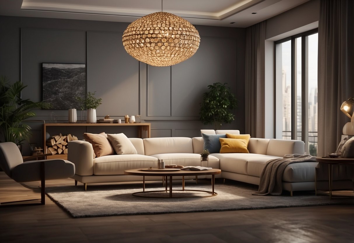 A room with various 3D furniture models arranged in a modern and stylish layout. Lighting highlights the details of each piece
