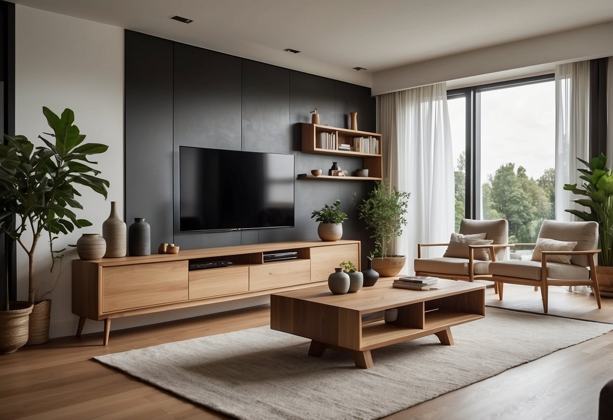 A sleek, minimalist living room with a focus on modern timber furniture. Clean lines, natural wood tones, and a sense of warmth and sophistication