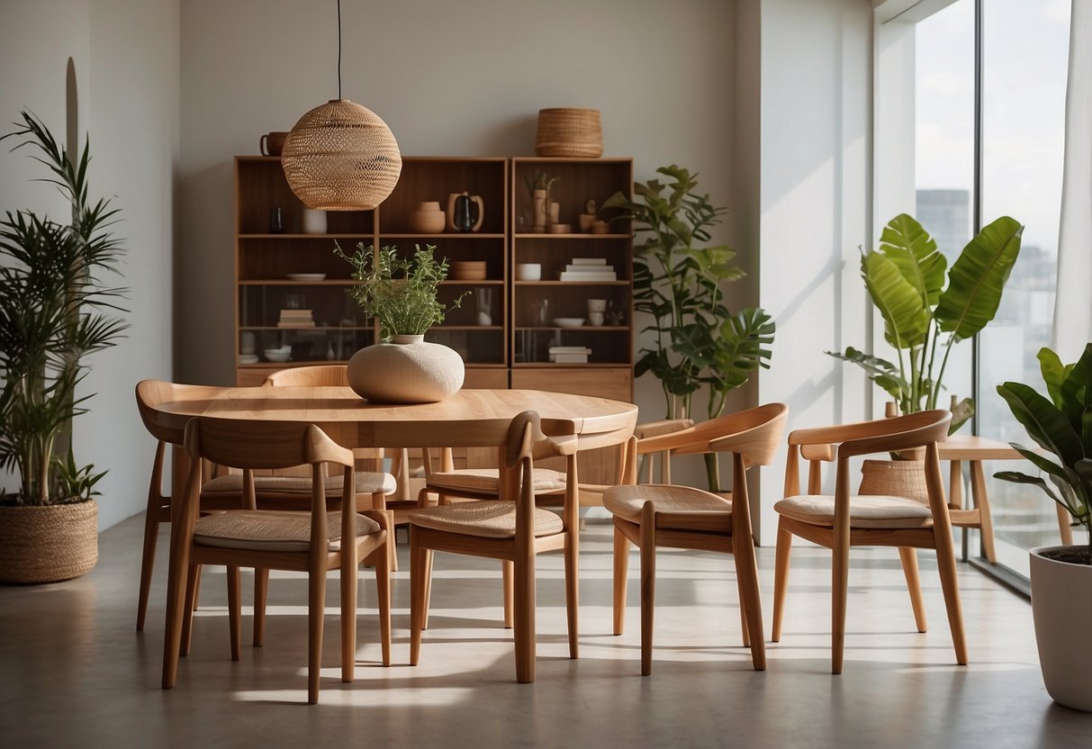 A room with a well-lit space showcasing a variety of modern timber furniture pieces, including a dining table, chairs, and a bookshelf. The furniture is arranged neatly and accented with potted plants and decorative objects