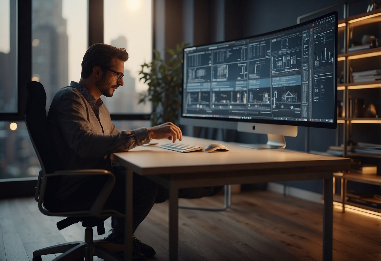 A designer imports 3D furniture models into a computer program, arranges them in a virtual room, and adjusts their placement and scale