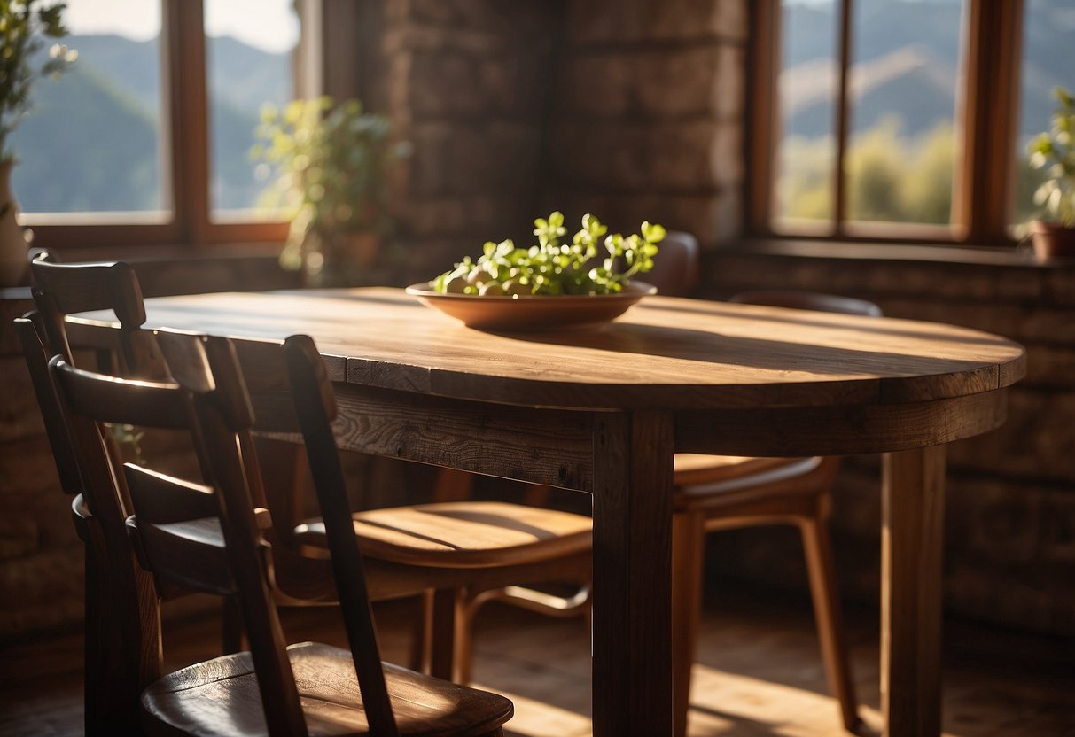 A rustic wooden table with visible grain, paired with a matching chair. Sunlight filters through a nearby window, casting warm shadows on the textured surfaces