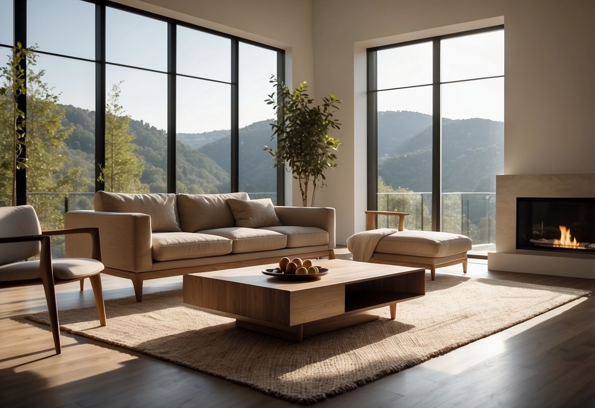 A sleek, minimalist living room with modern timber furniture arranged in a clean and organized manner. Light pours in from large windows, casting a warm glow on the natural wood surfaces