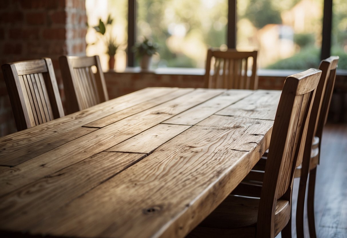 A rustic wooden table sits in a sunlit room, surrounded by mismatched chairs. The wood grain is prominent, with knots and imperfections adding character to the piece